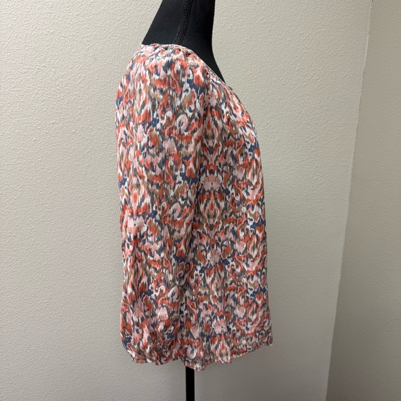 Sundance Silk Boho Blouse Orange Blue Ikat Peasant Top Large Button Front - Picture 6 of 8